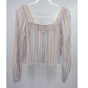 BCBGeneration Womens Multicolor Striped Smocked Long Sleeve Crop Blouse XS